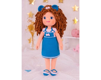 Crochet American Girl Doll, Amigurumi Cute Curly Hair Mickey Mouse Aers Headband, CHRISTMAS Gift for Daughter, Stuffed Handmade Pretty Doll