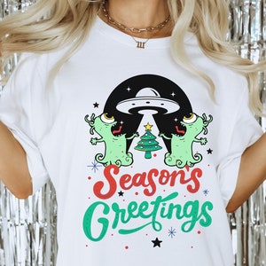 Unisex Alien Season&#39;s Greetings Abduction, Alien Holiday Tee, Unique Alien Christmas Shirt