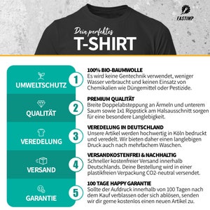 May include: A graphic with five numbered points highlighting the benefits of a t-shirt. The points are: 1. Environmentally friendly, 2. Quality, 3. Made in Germany, 4. Free shipping, 5. 100-day guarantee. The graphic also includes the text "Dein perfektes T-SHIRT" and "100% BIO-BAUMWOLLE".