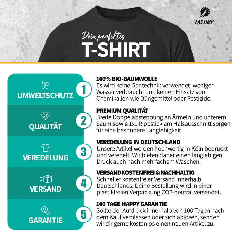 May include: A graphic with five numbered points highlighting the benefits of a t-shirt. The points are: 1. Environmentally friendly, 2. Quality, 3. Made in Germany, 4. Free shipping, 5. 100-day guarantee. The graphic also includes the text "Dein perfektes T-SHIRT" and "100% BIO-BAUMWOLLE".