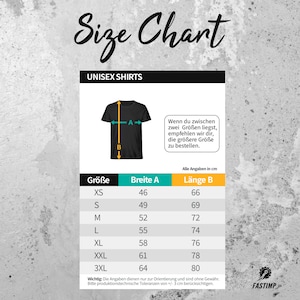 May include: Size chart for unisex shirts with measurements in inches for width and length. The chart shows sizes XS to 3XL with corresponding measurements for width and length.
