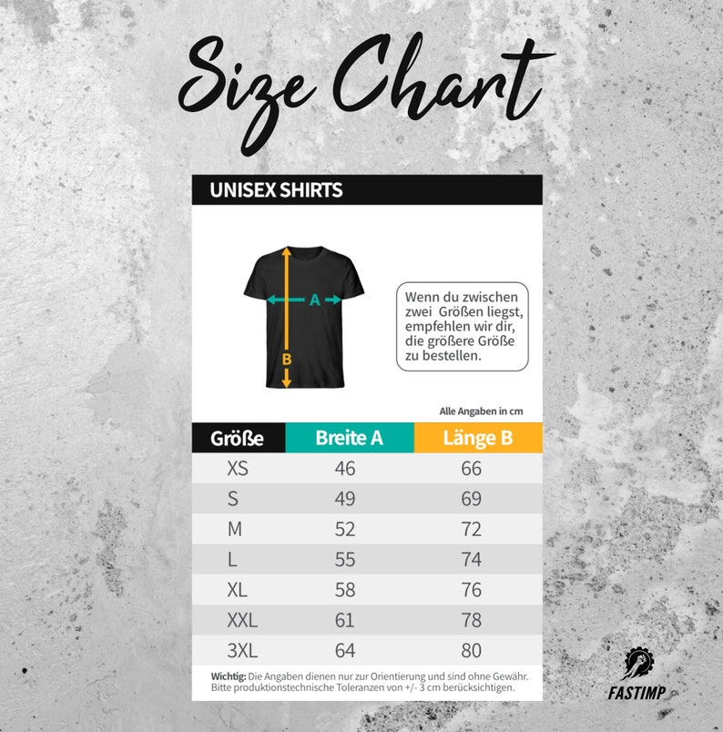May include: Size chart for unisex shirts with measurements in inches for width and length. The chart shows sizes XS to 3XL with corresponding measurements for width and length.