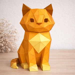ローポリ紙猫テンプレートDXF、SVG、PDF - DIYペーパークラフト猫モデル - 印刷可能なPDFクラフト - ホームデコレーション