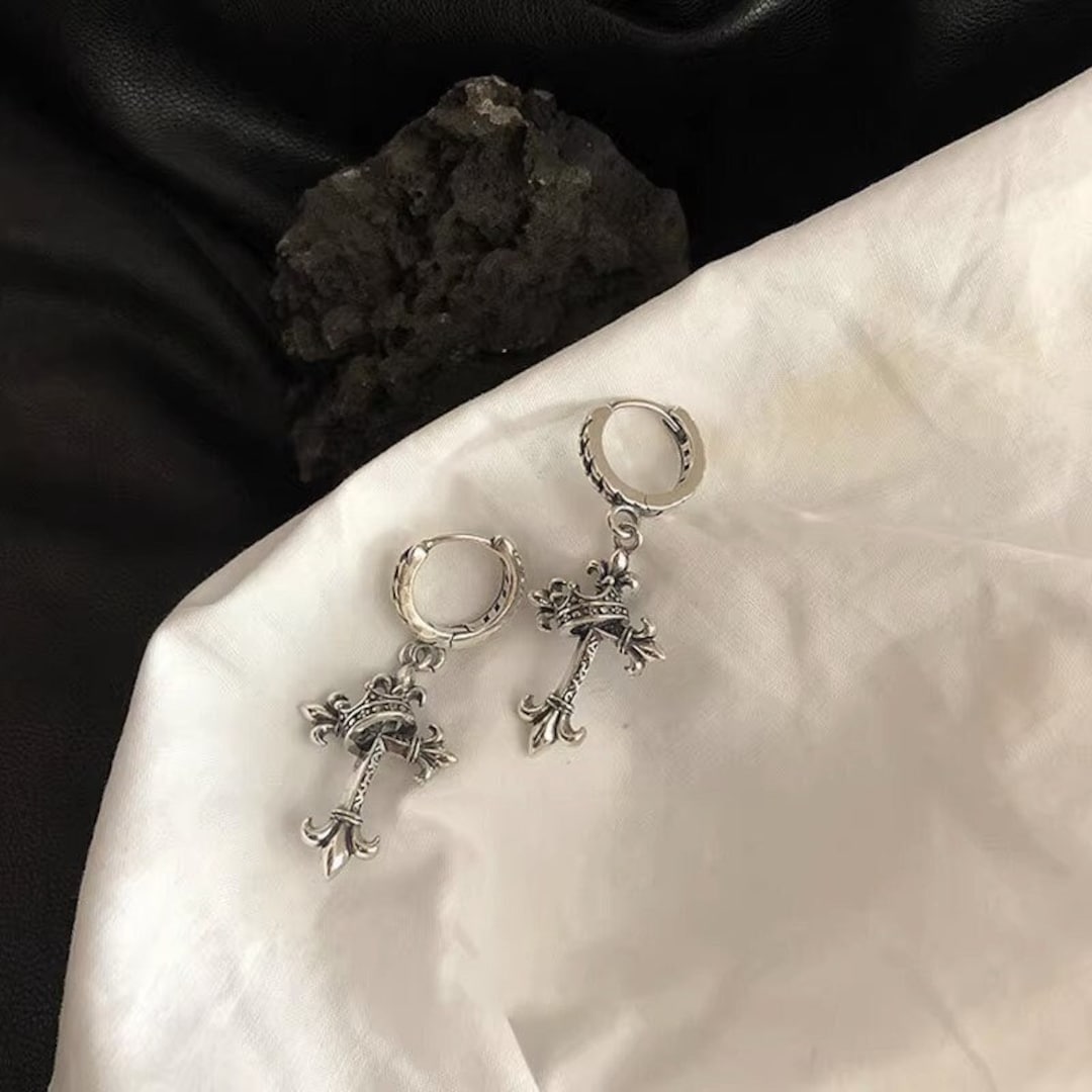 Crown Chrome Hearts Huggie Hoop Earrings, Cool Goth Earrings, Punk