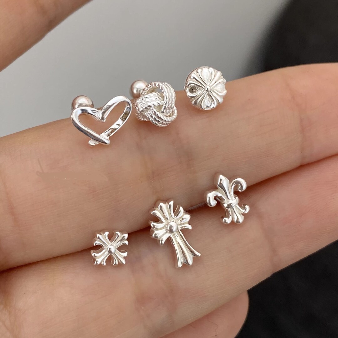 Star Chrome Hearts Huggie Hoop Earrings, Silver Goth Earrings, Punk