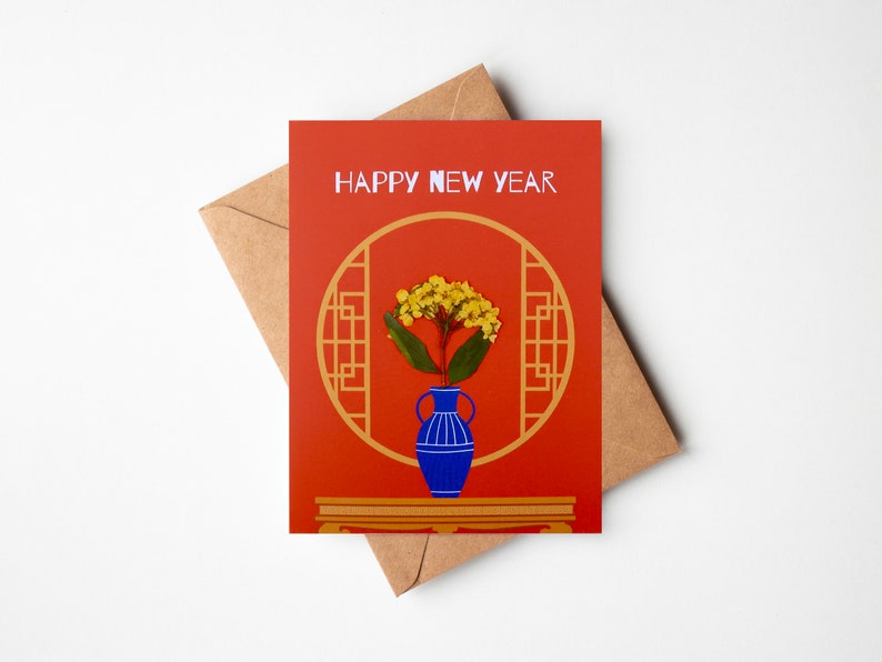 Chinese Happy New Year CardLunar New Year CardVase near a windowNew Year CardCelebration of New YearHandmadeFree Shipping image 1