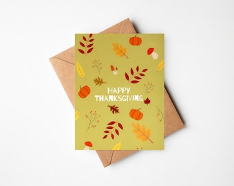Thanksgiving Card|Made with Real Leaves|Abstract Cute Leaf Pumpkin Mushroom|Greeting Card|Free Shipping|Give Thanks|Autumn Family Friend