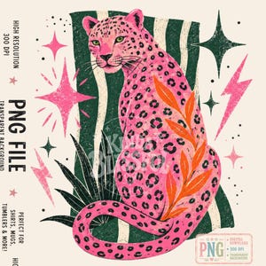 May include: A digital graphic illustration featuring a pink leopard with black spots, accented by orange leaves, set against a dark green striped background. The design includes pink stars and lightning bolts, with text reading PNG FILE, HIGH RESOLUTION, 300 DPI.