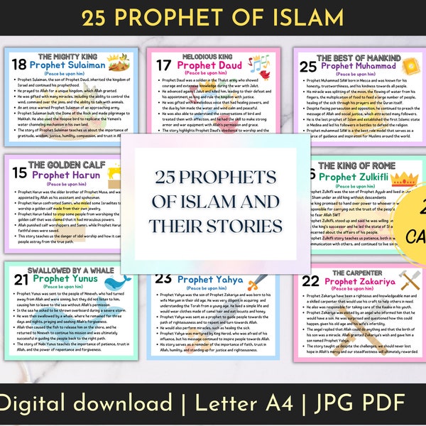 25 Prophets of Islam Card, Muslim flashcard, Educational Quran, Islamic Teachings, digital history, home school kids,  gift set children art