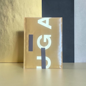 Può includere: Una cartellina portadocumenti rettangolare color marrone chiaro con le lettere bianche UGA stampate verticalmente sul lato destro. La cartellina presenta due cinghie verticali grigio scuro sulla parte anteriore per fissare il contenuto.