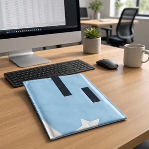 Puede incluir: Una funda protectora rectangular de color azul claro con dos tiras de velcro verticales de color azul marino oscuro y un gráfico de estrella blanca situado cerca del borde inferior sobre un escritorio de madera.
