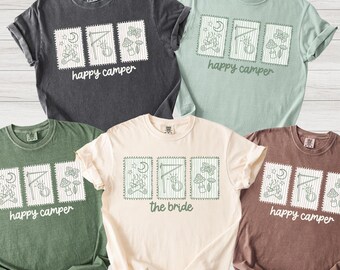 Happy Camper Camp Bach Party Shirt Camping Theme Bachelorette Hiking Mountain Lake Weekend T-shirt Comfort Colors Tshirt