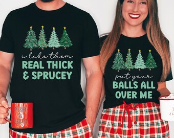 Funny Matching Couples Christmas Shirts, Couples Christmas Pajamas, Christmas Couple Shirt Set, Naughty Dirty Christmas T-Shirt for Couples