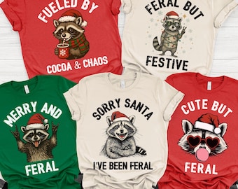 Feral Funny Christmas Family Shirt Raccoon Christmas Party 2025 Tshirt Couple Holiday Tee Gift Holiday Group Matching Xmas T-Shirt Adult Kid