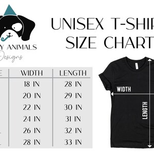 May include: Black t-shirt with a size chart for unisex t-shirts. The chart shows sizes S to 3XL, with widths from 18 to 28 inches and lengths from 28 to 33 inches. The image includes a logo for "Party Animals Designs."