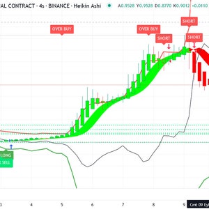 Op de afbeelding: Een groene en rode lijngrafiek met de tekst "PERP/TetherUS PERPETUAL CONTRACT - 4s - BINANCE - Heikin Ashi" bovenaan. De grafiek toont de prijs van PERP in de tijd, waarbij de groene lijn de prijs en de rode lijn de voortschrijdende gemiddelde voorstelt. De grafiek bevat ook indicatoren zoals "OVER BUY" en "OVER SELL".