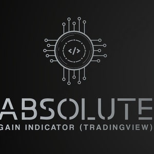 Op de afbeelding: Een zilveren logo met een cirkel die codesymbolen en een printplaatontwerp bevat. De tekst "ABSOLUTE GAIN INDICATOR (TRADINGVIEW)" staat onder het logo.