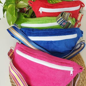 Sac Banane/Bandoulière Velours Côtelé - Double Poches Zippées (Homme/Femme/Ado)