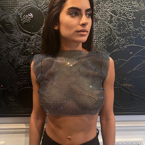 SOPHIE TOP BLACK - Sequin Top / Crystal Mesh Top / Festival Clothing Woman / Coachella Outfit Woman / Rhinestone Mesh Crop Top /Party Outfit