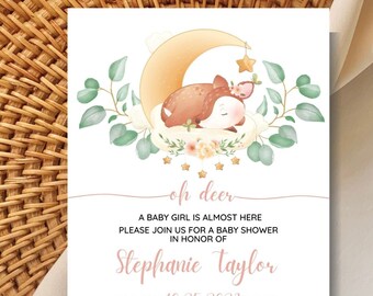 Oh Deer babyshowerinbjudan: Blommig grönska, redigerbar Canvas-mall (digital fil)
