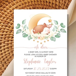 Editable Oh Deer Girl Baby Shower Invitation | Floral Deer Baby Shower Invite | Baby Girl Shower Greenery Canva Printable Template