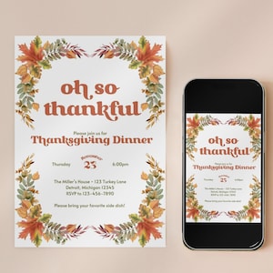Oh So Thankful Thanksgiving Dinner Invitation | Editable Dinner Party Invite with Canva | Fall Thanksgiving Invite