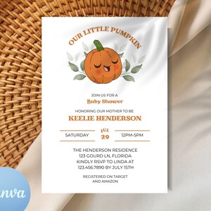 Our Little Pumpkin Autumn Baby Shower Invite | Gender Neutral Baby Shower Evite | Halloween Baby Invitation | Cute Editable Invite | Canva