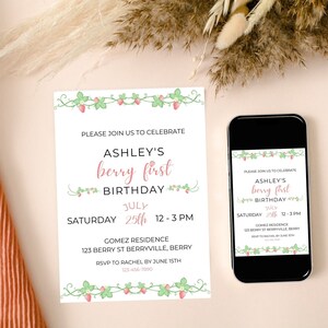 Berry First Birthday Invitation | Editable Printable Strawberry 1st Birthday invite | 1st Birthday Invitation Canva Template | Red Berry 1st