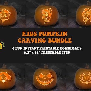7 Printable Kids Jack-O-Lantern Pumpkin Carving Stencil Patterns | Halloween Party Bundle
