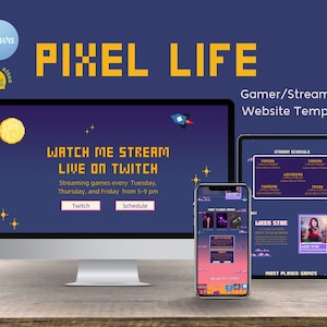 Pixel Life Canva Gaming Website Template | Life Stream Twitch Creator eSports Customizable Site | 8-Bit Retro Cute Gamer Streamer Template