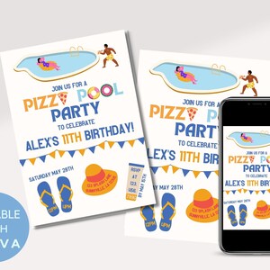Uitnodiging voor zwembadfeest | Pizza en zwembadfeest uitnodigen | Zwemfeest | Poolfeestjongen | Eindejaarsfeest | Canva-sjabloon