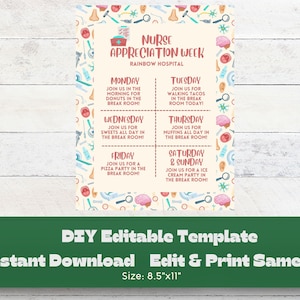 Editable Nurse Appreciation Week Itinerary Flyer | Nurse&#39;s Week Event Flyer | Printable Nurse Appreciation Schedule of Events | Canva Edit