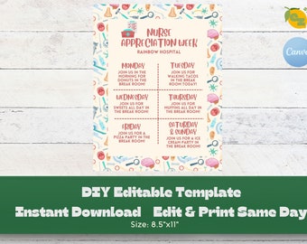 Editable Nurse Appreciation Week Itinerary Flyer (Canva Edit, Printable)