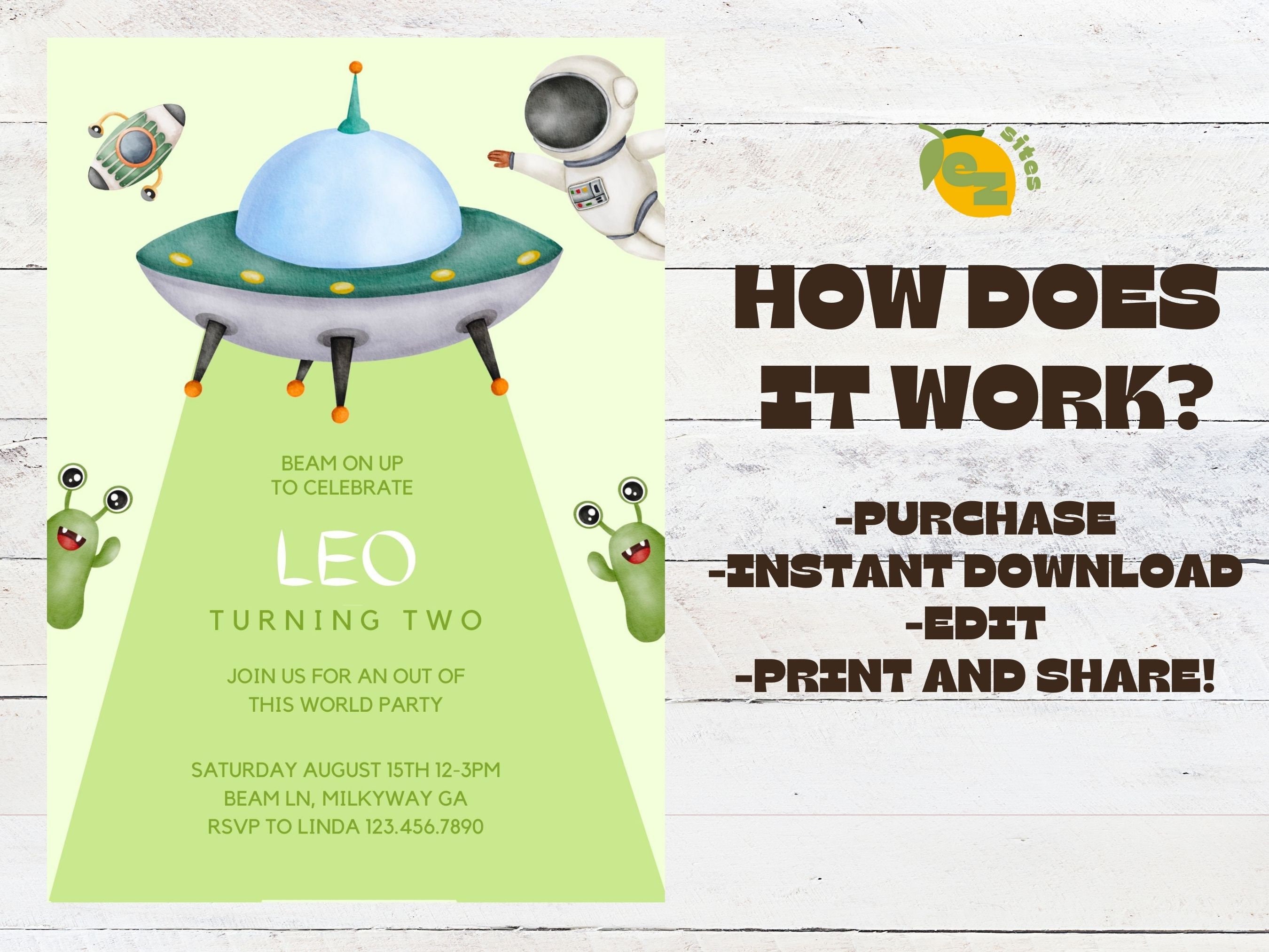 Editable Boys Alien Birthday Invitation UFO Green Birthday Party Invite ...