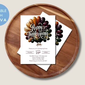 Turkey Happy Thankgiving Dinner Invitation | Editable Dinner Party Invite with Canva | Colorful Turkey Friendsgiving Evite