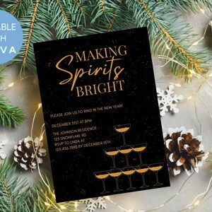 Bearbeitbare Silvester Party Einladung | Herstellung von Spirits Bright NYE Einladung | Urlaubsparty Evite Vorlage, Bearbeitbar mit Canva
