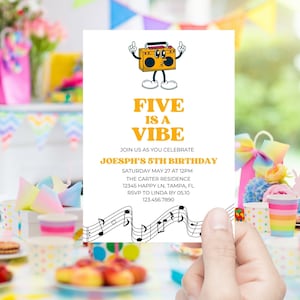 Editable Groovy 5th Birthday Invitation | Five Is A Vibe Retro Vibe Birthday Evite | Editable Birthday Invitation Canva