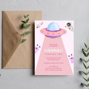 Editable Alien Birthday Invitation | UFO Pink Birthday Party Invite ...