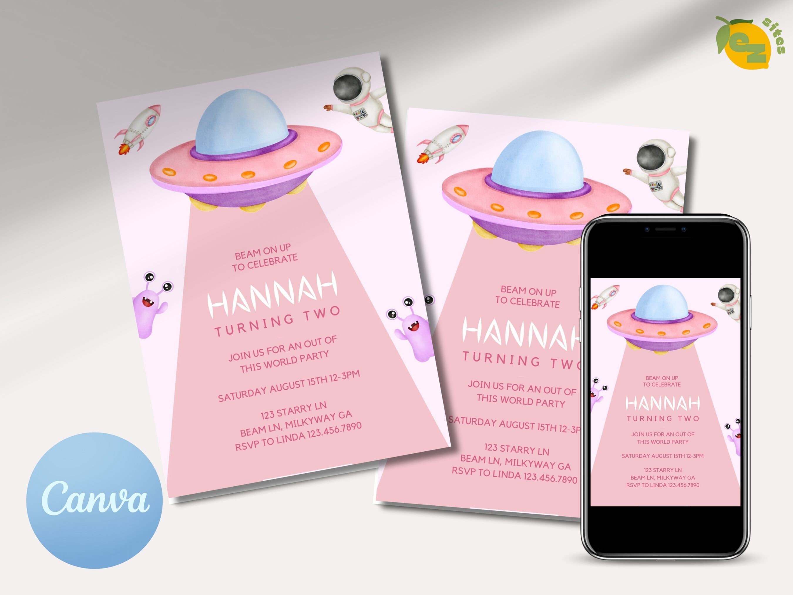 Editable Alien Birthday Invitation UFO Pink Birthday Party - Etsy