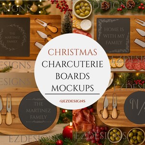May include: Wooden charcuterie boards with slate inserts and cheese knives. Some boards have engraved text, including "The Martinez Family" and "Home is with my Family." The image is a mockup with Christmas decorations.