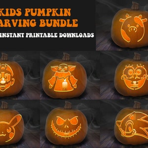 7 Printable Kids Jack-O-Lantern Pumpkin Carving Stencil Patterns | Halloween Party Bundle