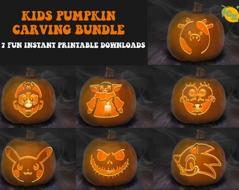 7 Printable Kids Jack-O-Lantern Pumpkin Carving Stencil Patterns | Halloween Party Bundle