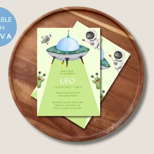 Editable Boys Alien Birthday Invitation | UFO Green Birthday Party Invite | Printable Space Birthday Invitation | Canva Template