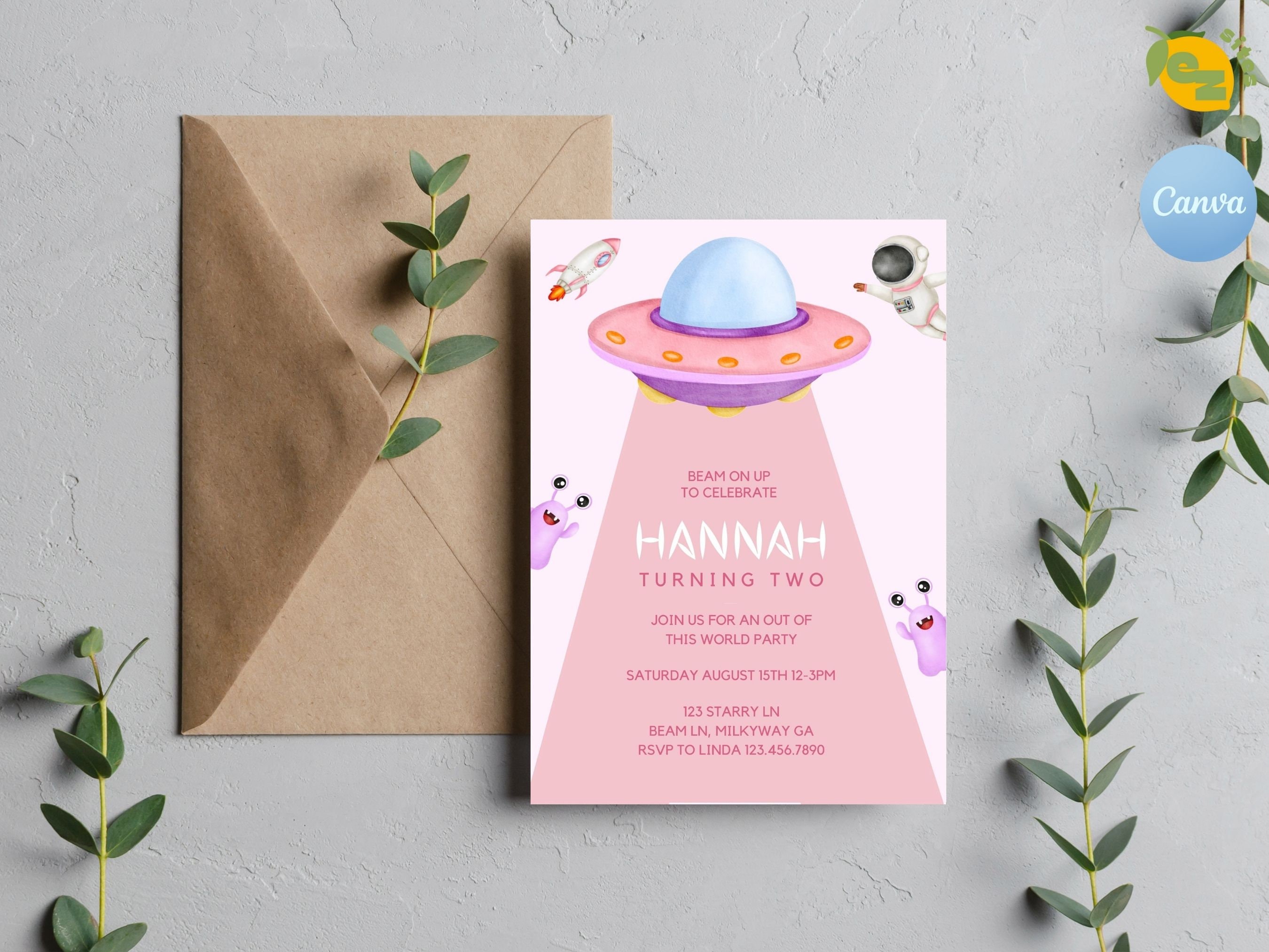 Editable Alien Birthday Invitation UFO Pink Birthday Party - Etsy