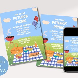 May include: Editable invitation template for a potluck picnic. The invitation features a blue sky with white clouds, a picnic blanket with food, a grill, and a kite. The text on the invitation reads "Join us for Potluck Picnic" and includes the date, time, and location of the event. The invitation is designed to be used with Canva.