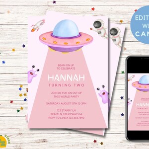 Editable Alien Birthday Invitation | UFO Pink Birthday Party Invite ...