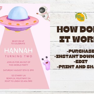Editable Alien Birthday Invitation | UFO Pink Birthday Party Invite ...