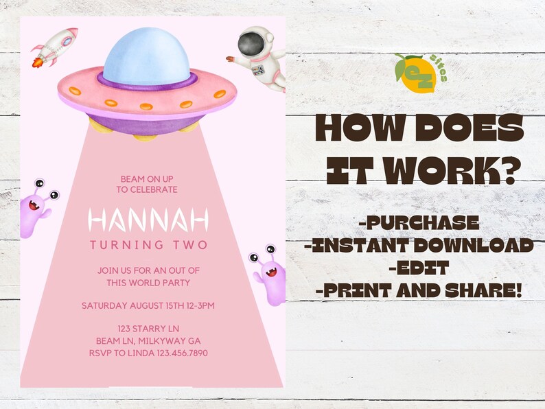 Editable Alien Birthday Invitation | UFO Pink Birthday Party Invite ...