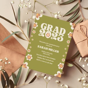 May include: A green graduation party invitation with a retro font that says "GRAD 2023" and features a floral border. The invitation is for Sarah Miller and includes the date, time, and location of the party. RSVP information is also included.