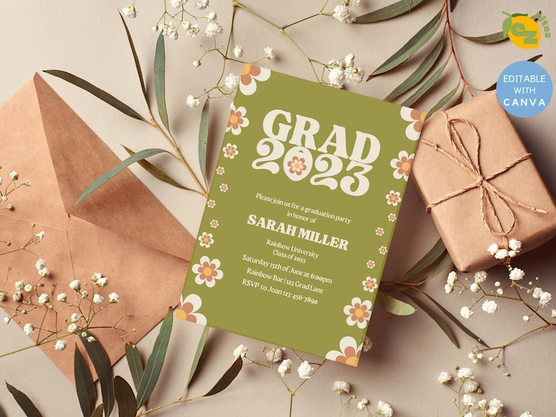 May include: A green graduation party invitation with a retro font that says "GRAD 2023" and features a floral border. The invitation is for Sarah Miller and includes the date, time, and location of the party. RSVP information is also included.